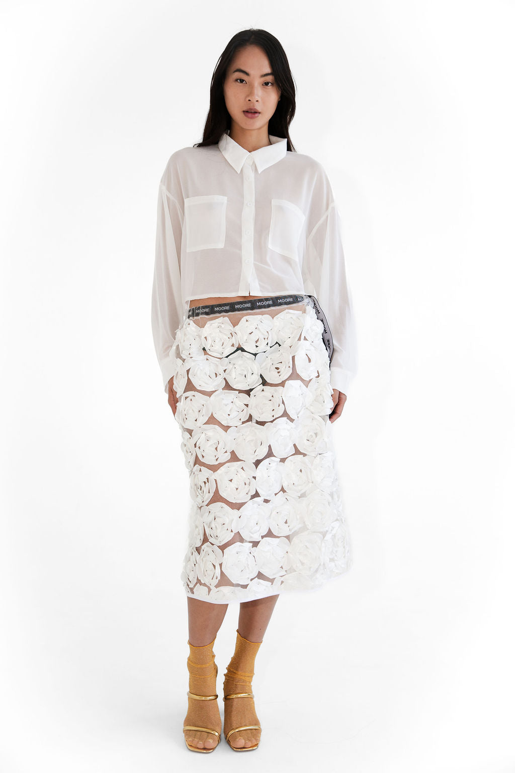 White 3D floral midi
