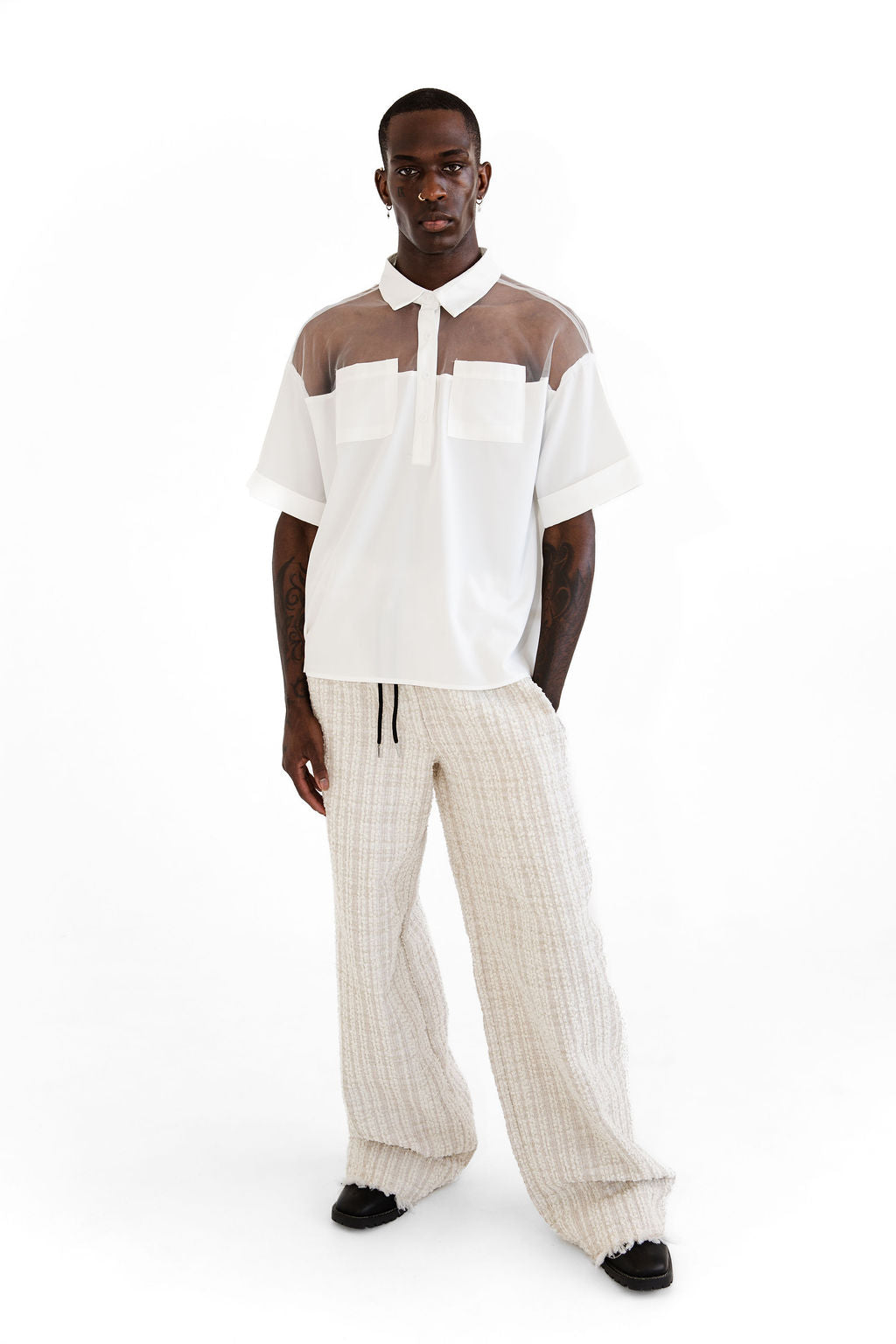 White mesh panel shirting