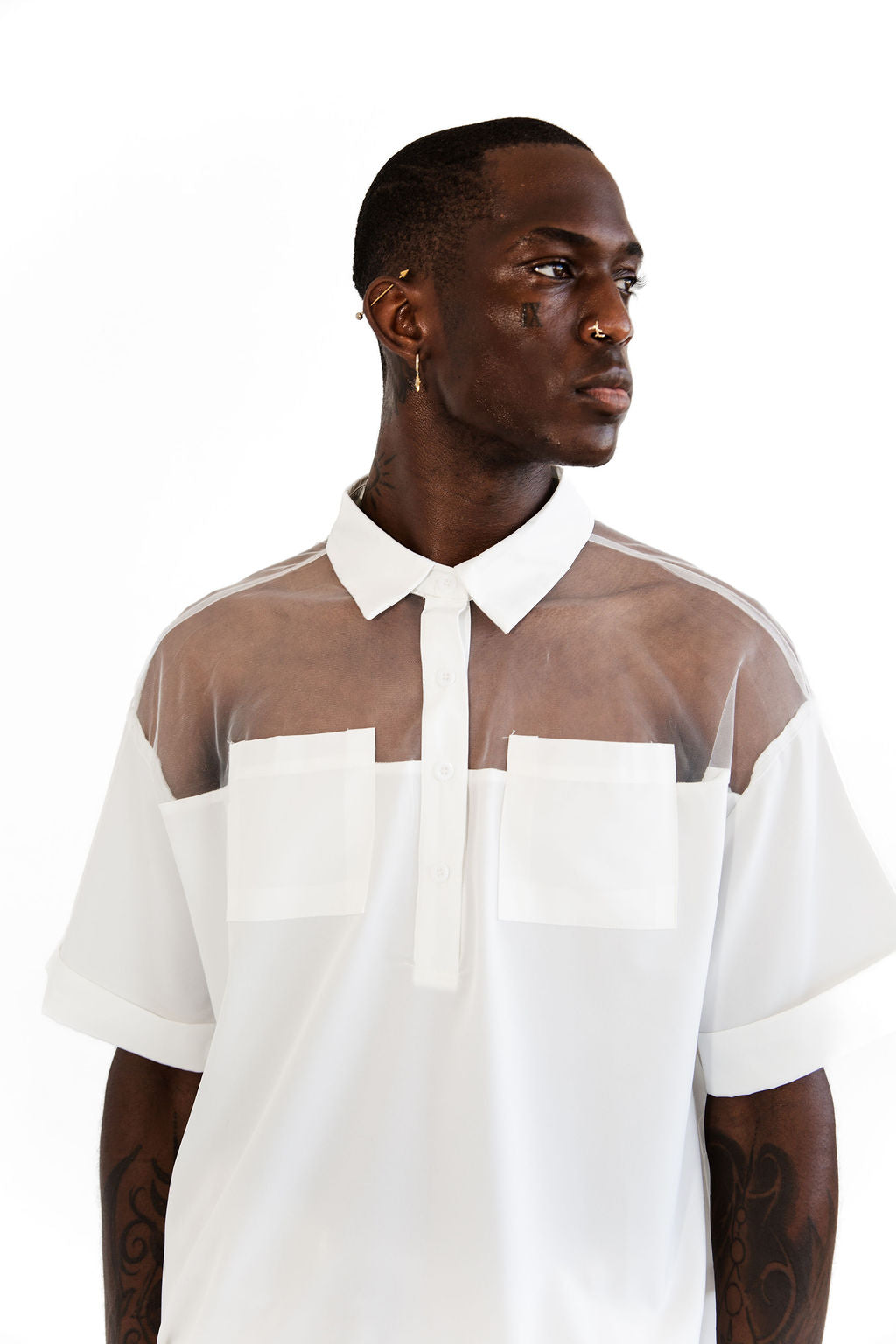 White mesh panel shirting