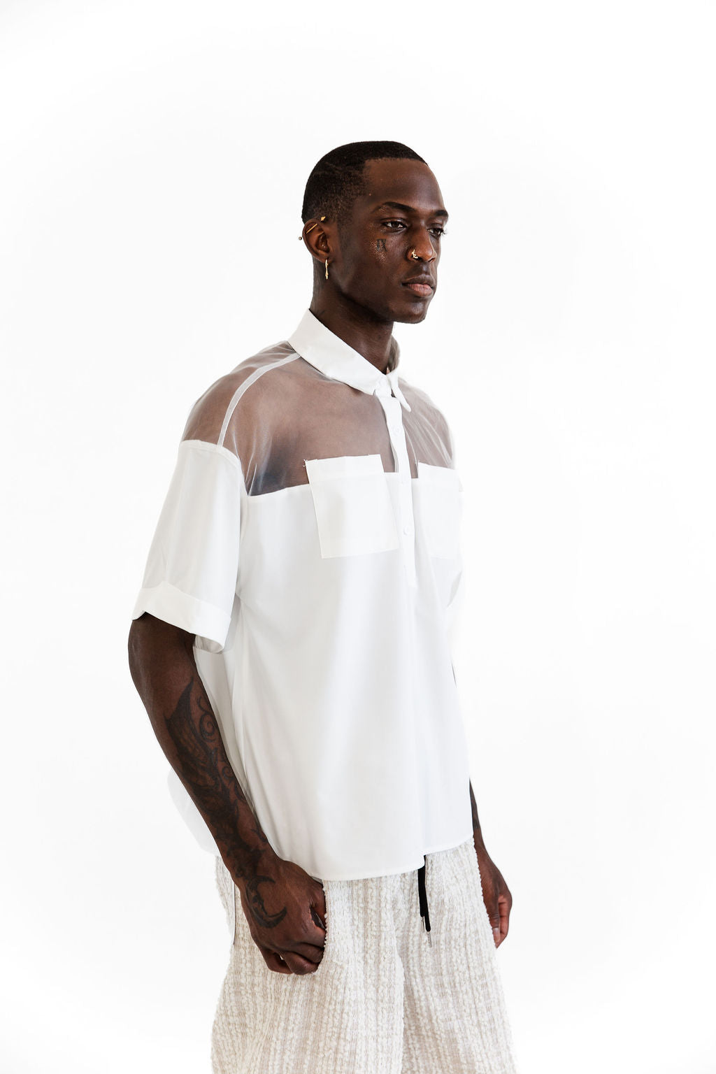 White mesh panel shirting