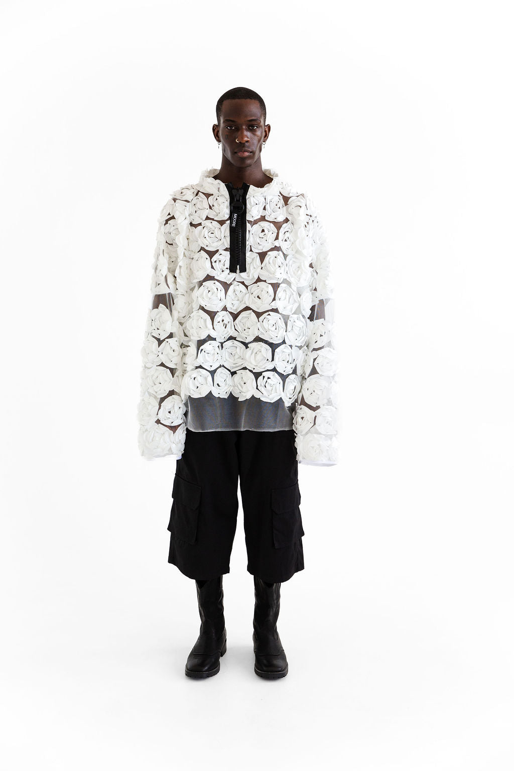 White 3D floral 3/4 zip
