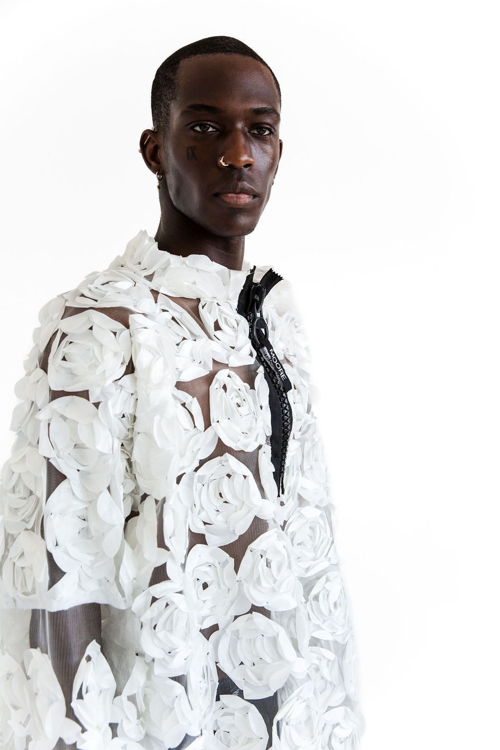White 3D floral 3/4 zip