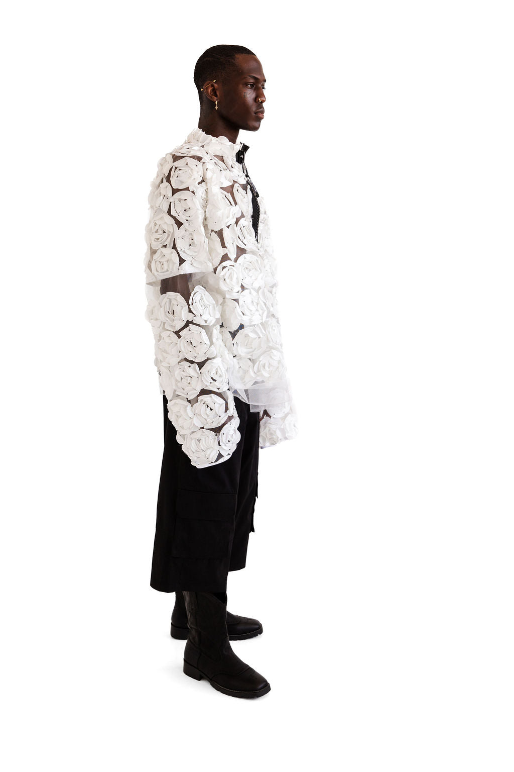 White 3D floral 3/4 zip