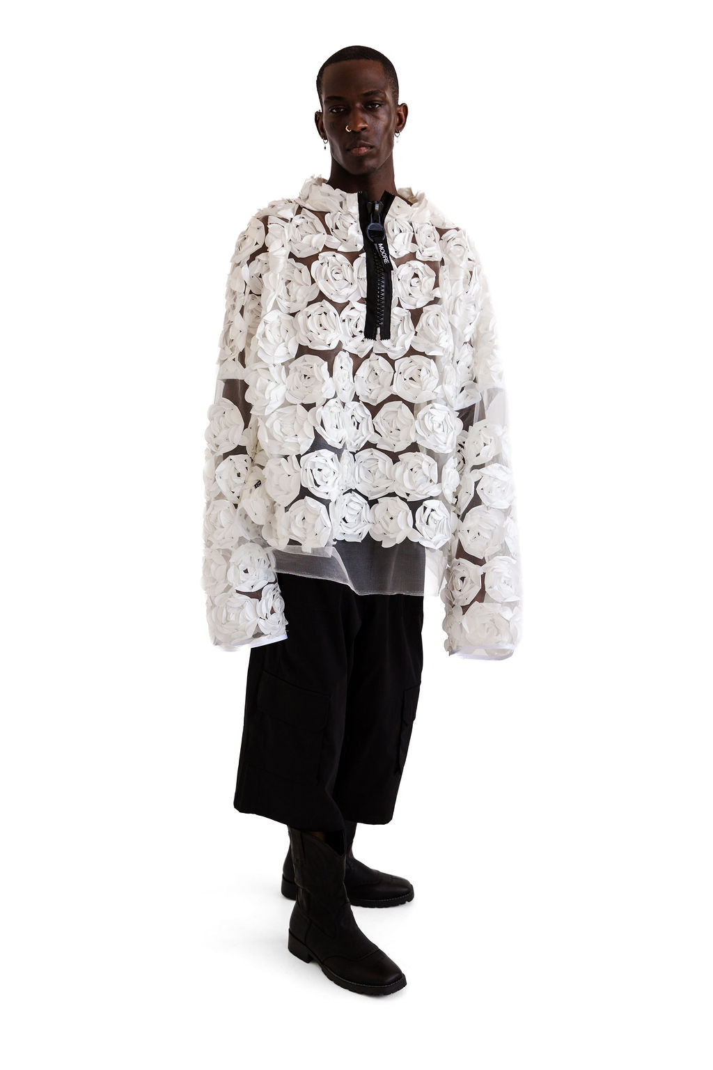 White 3D floral 3/4 zip
