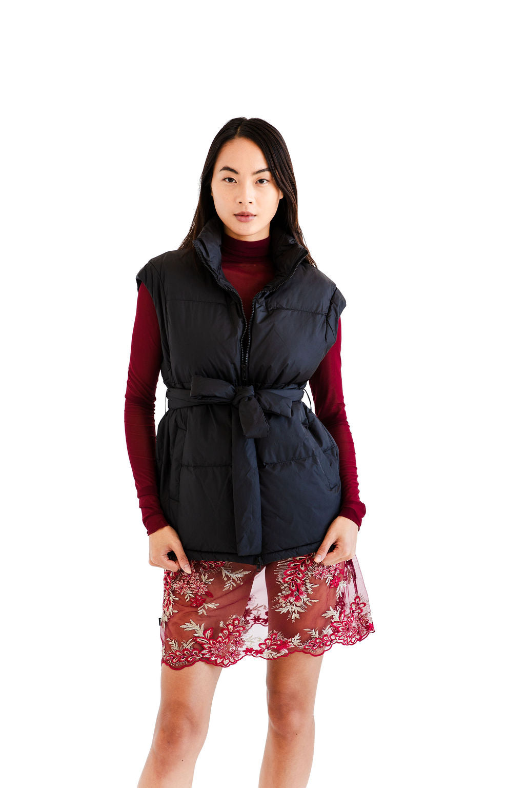 Black belted puff vest