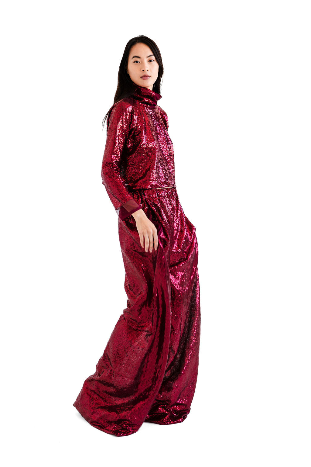 Burgundy sequined hi neck top