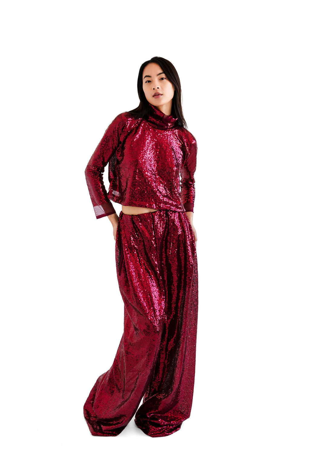 Burgundy sequined hi neck top