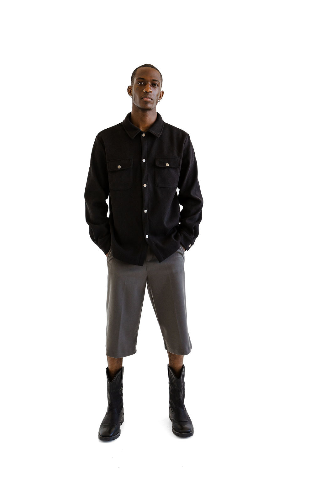 Black weighted snap shirting