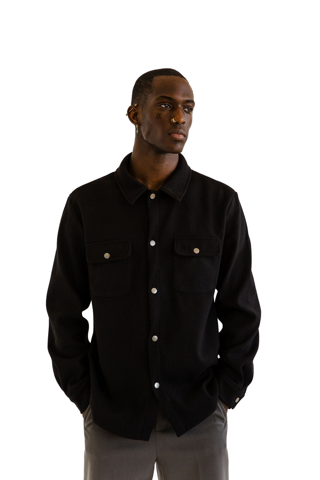 Black weighted snap shirting