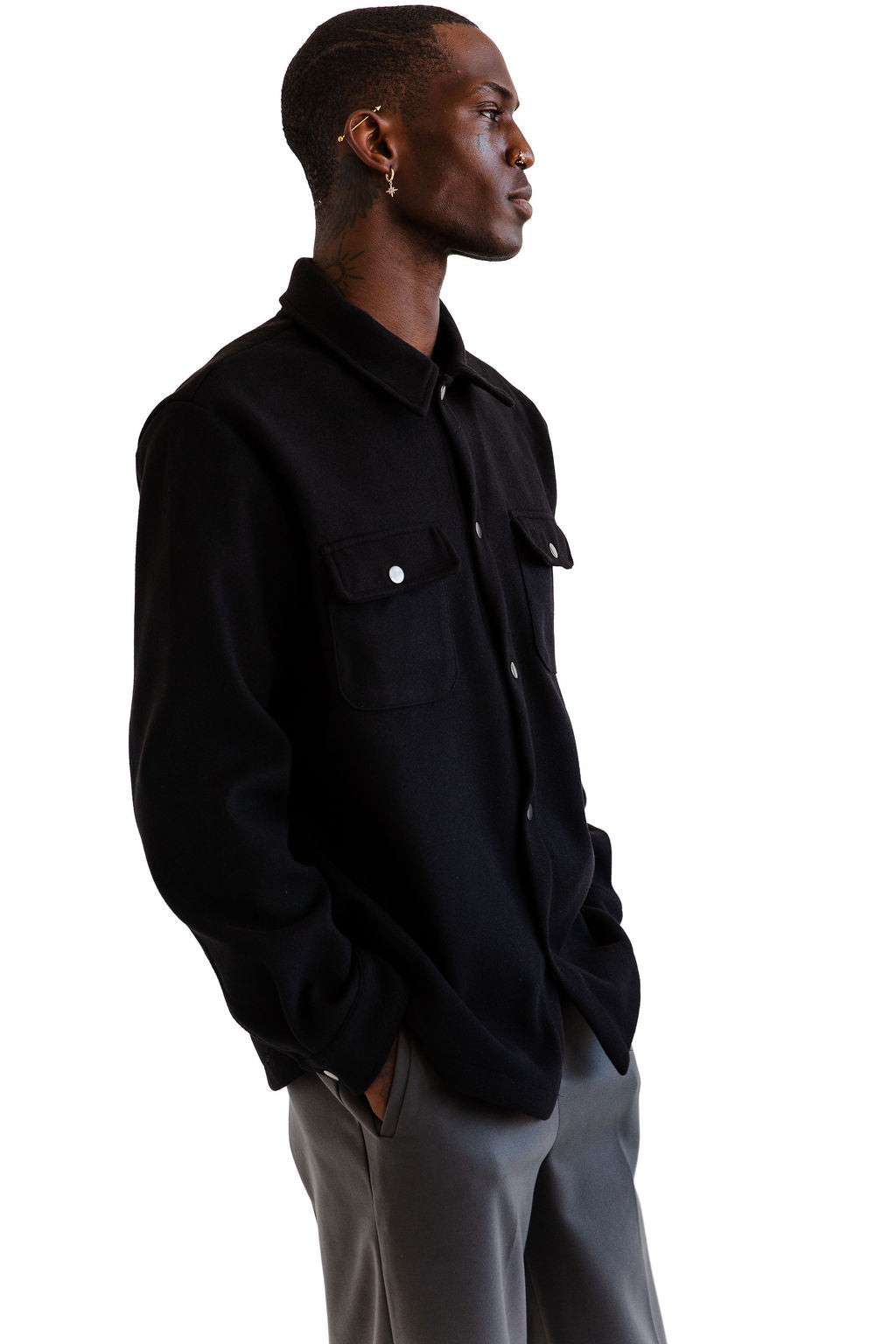 Black weighted snap shirting