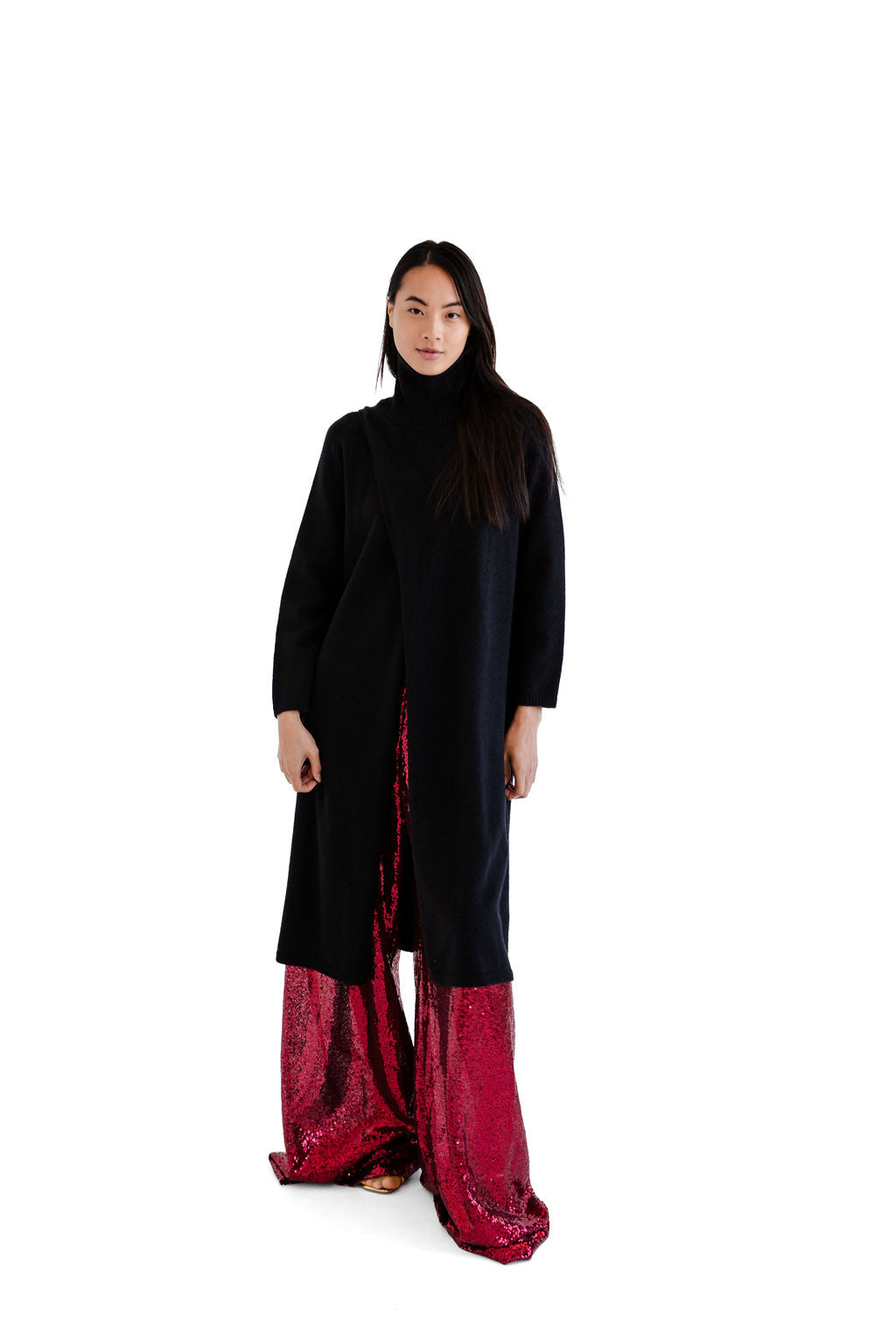 Black hi neck split front knit