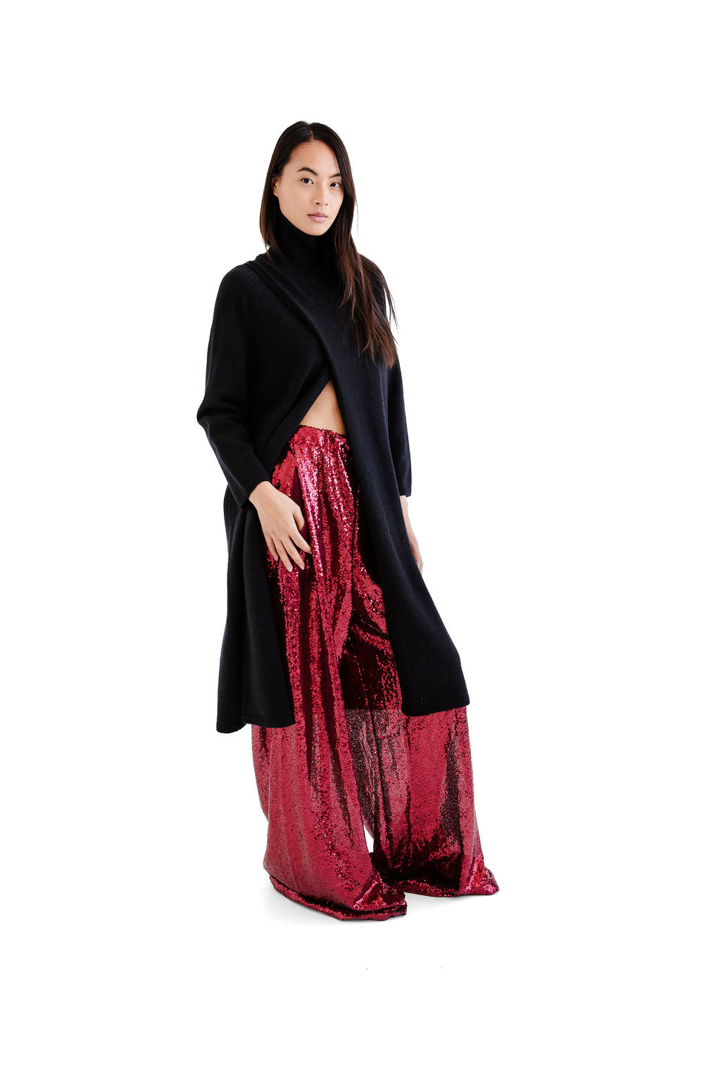Black hi neck split front knit