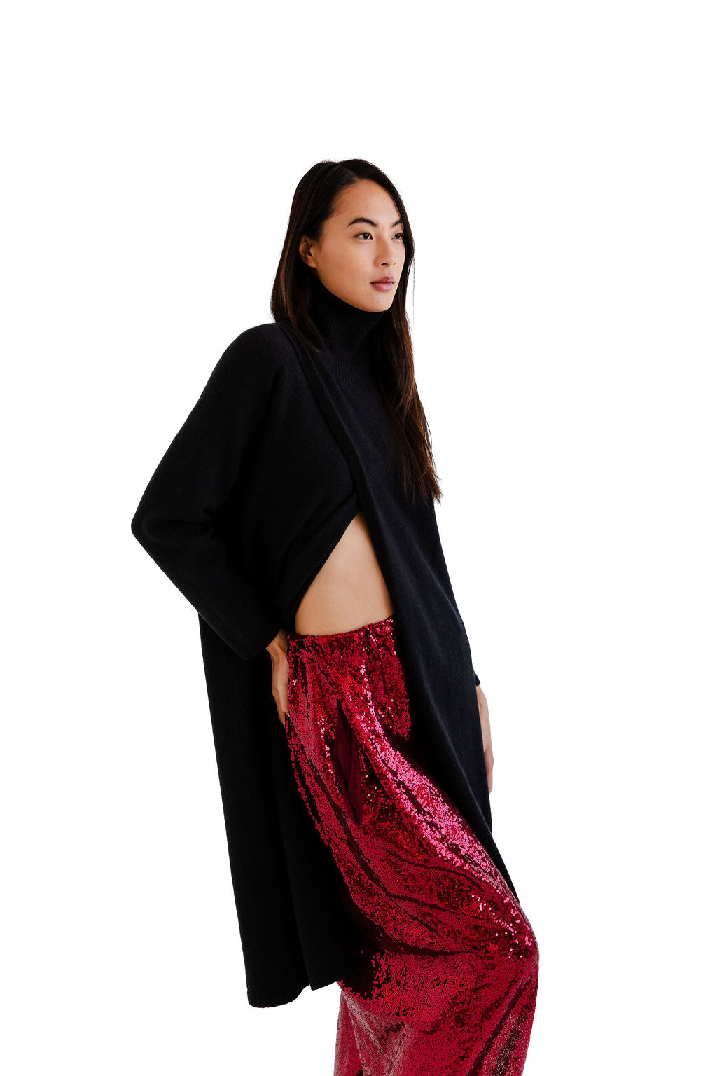 Black hi neck split front knit