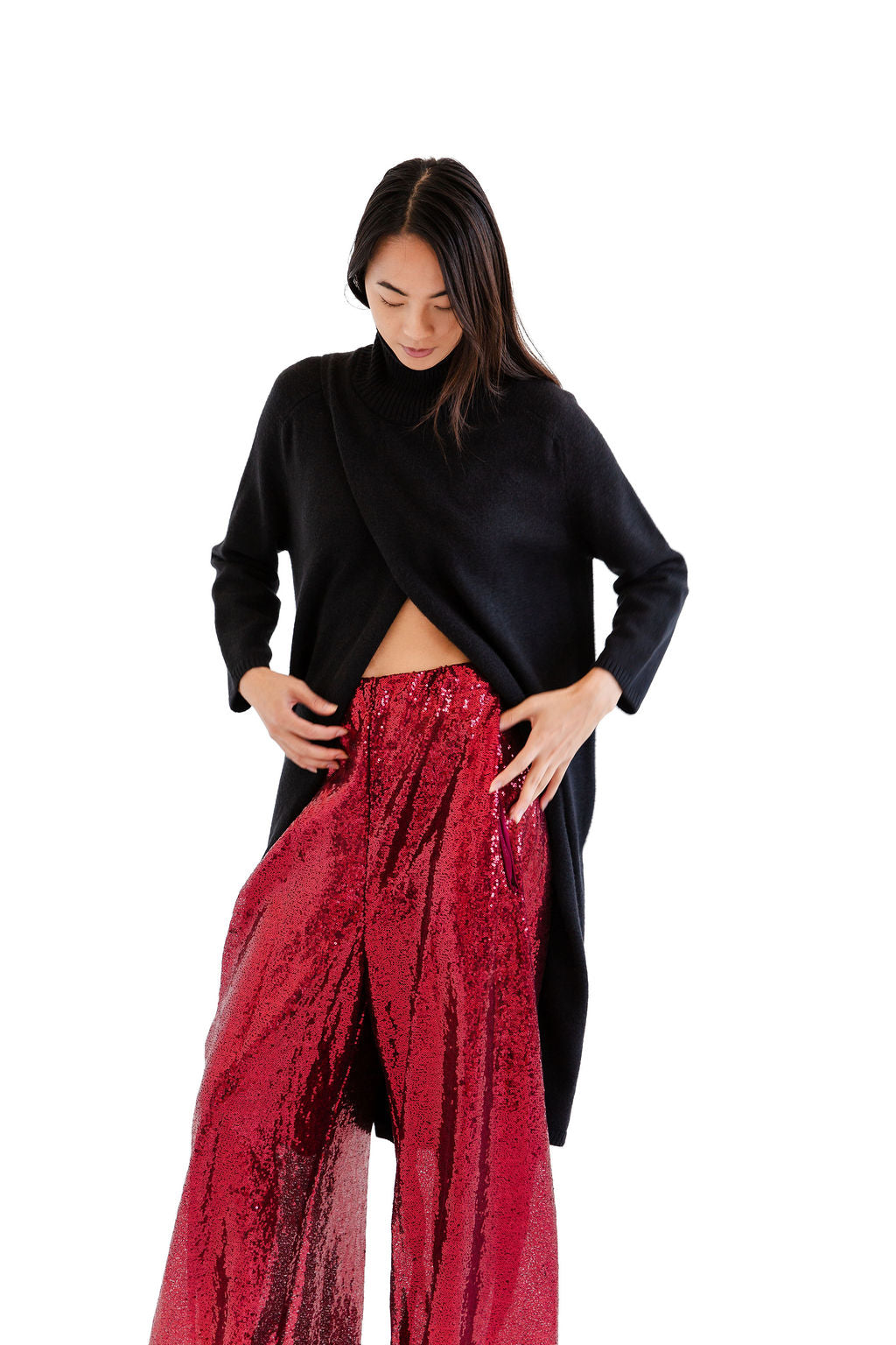 Black hi neck split front knit