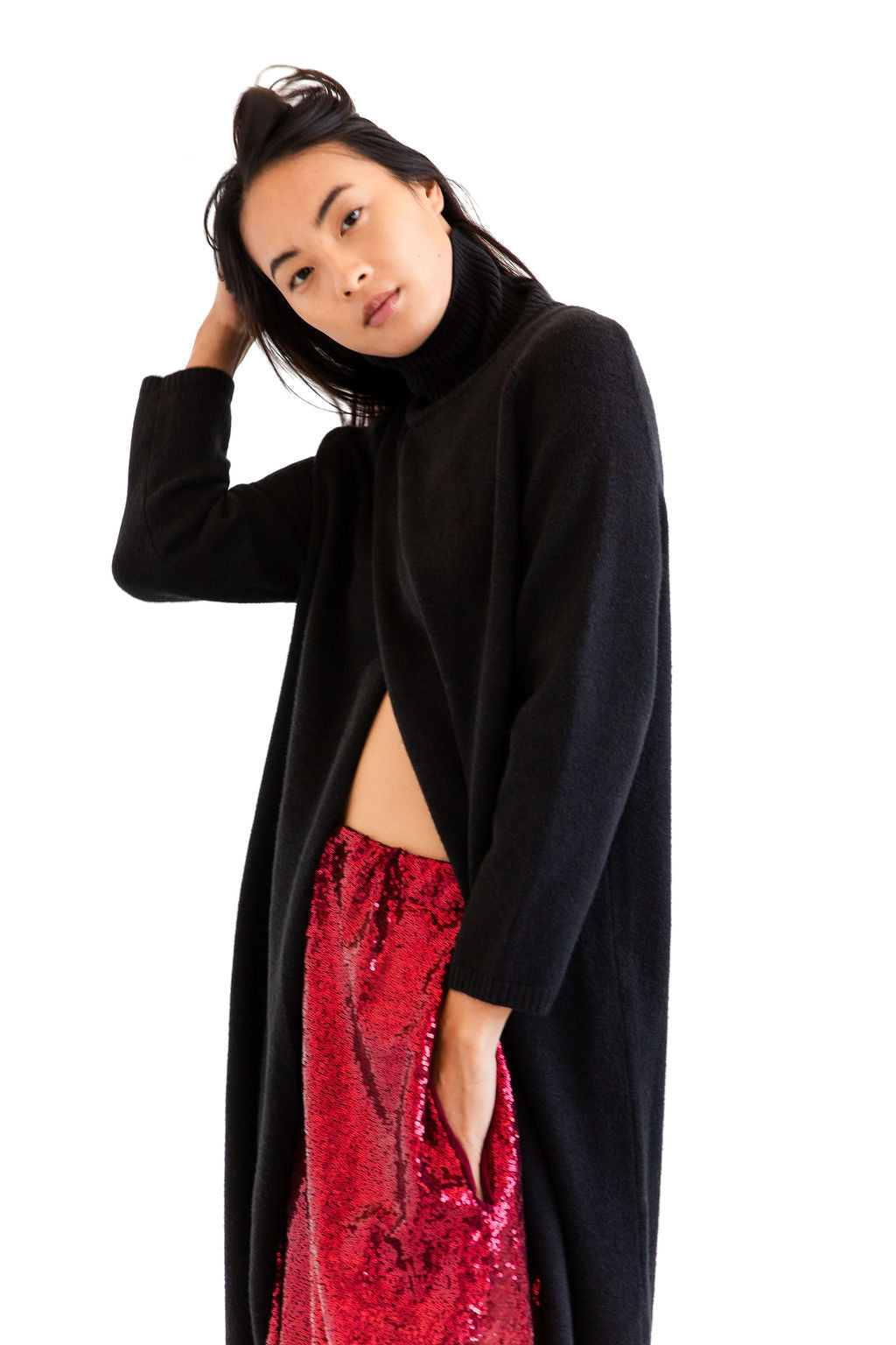 Black hi neck split front knit