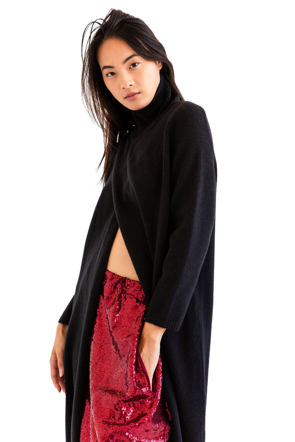 Black hi neck split front knit