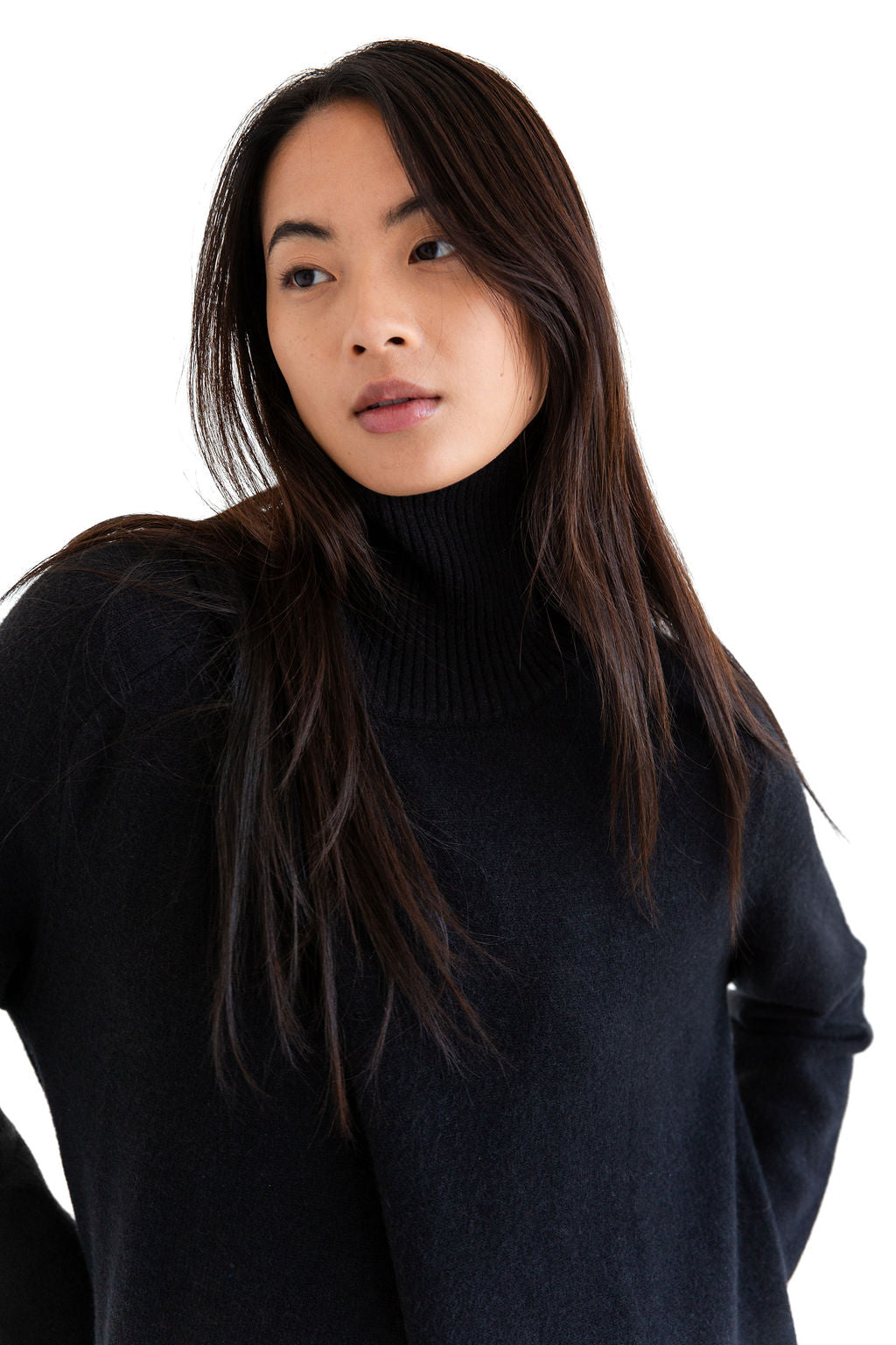Black hi neck split front knit