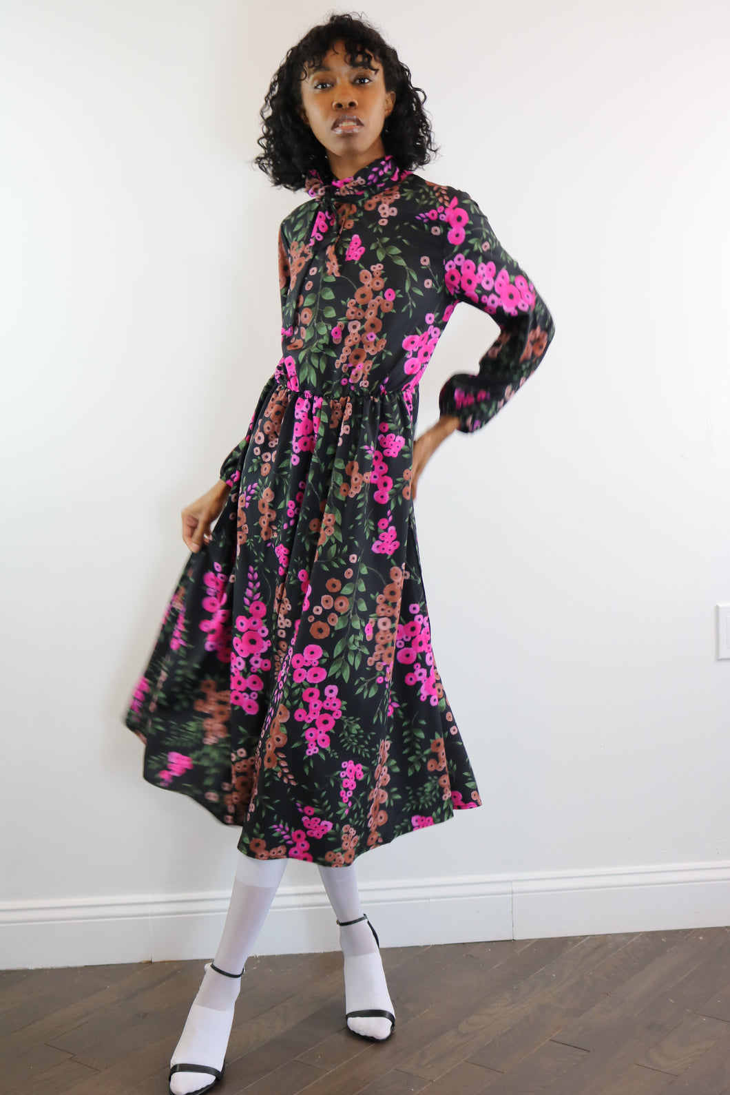 Dark Floral Tie Neck Dress