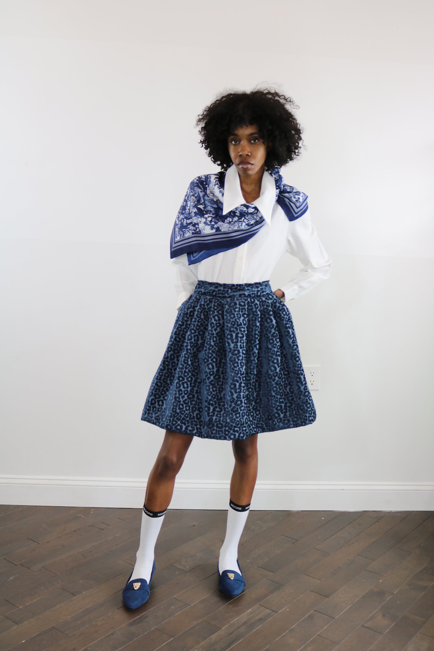 navy chenille leopard skirt