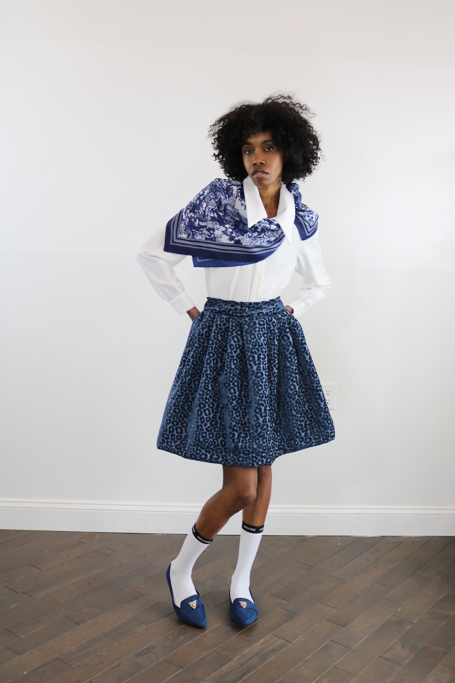 navy chenille leopard skirt