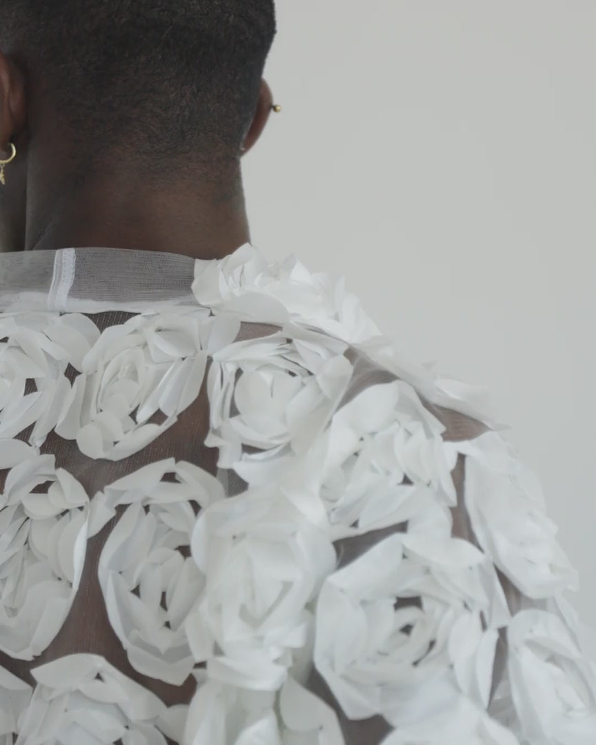 White 3D floral 3/4 zip